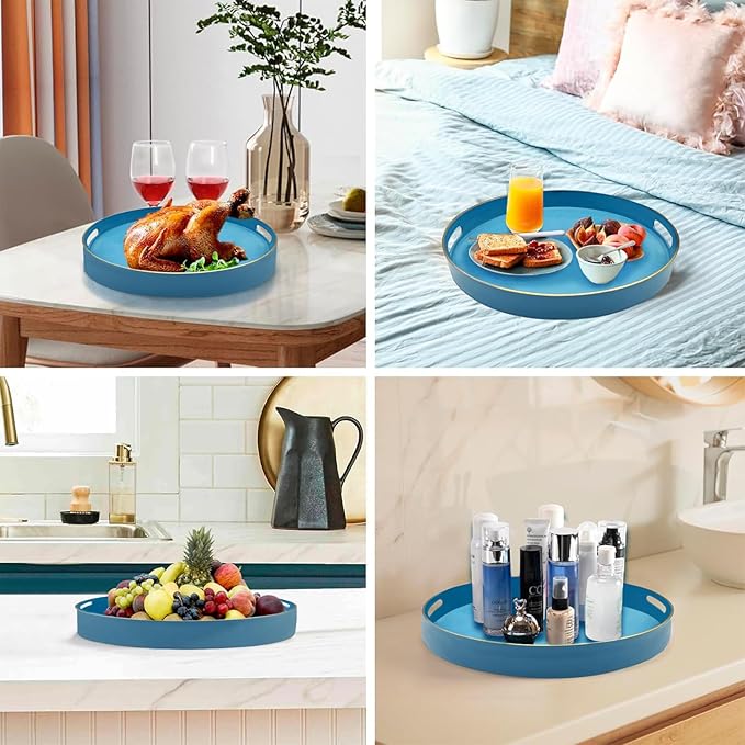 Round Serving Tray with Handles,Elegant Plastic Decorative Tray,Round Ottoman Trays Coffee Table Trays for Living Room,Home Decor 13"