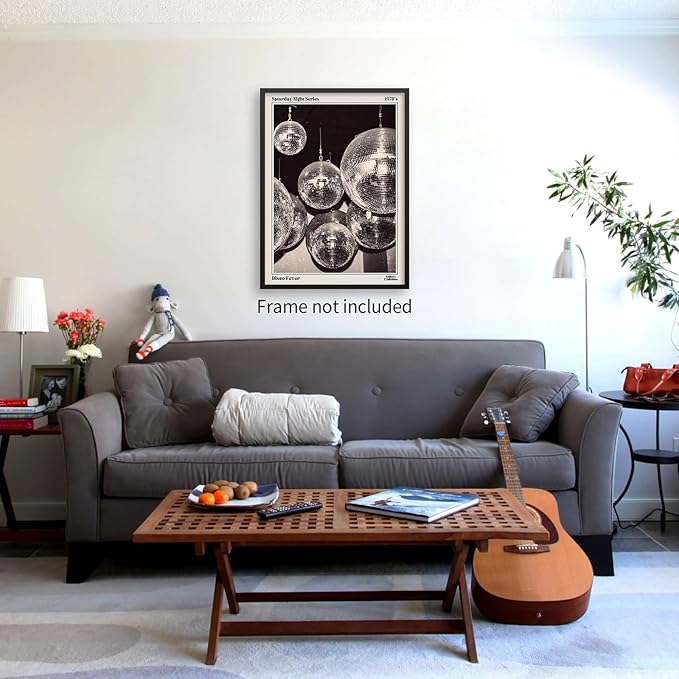 Sufeasdf 70s Disco Ball Newspaper Wall Art Vintage Black and White Art Posters Funky Aesthetic Canvas Prints Retro Bar Cart Decor for Bar Bedroom 16x24 inch Unframed