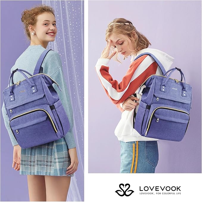 LOVEVOOK Women's 15.6 Inch Professional Travel Backpack, Waterproof College Work Bag with USB Port, Blue-Violet