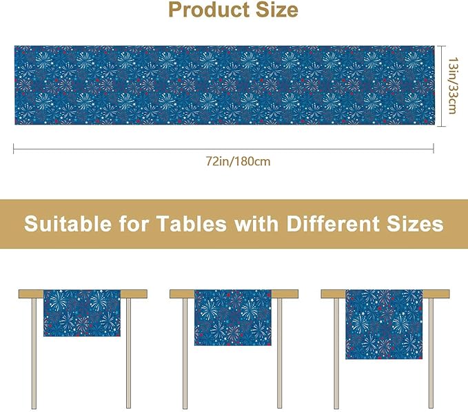 4July Blue Firework Burlap Table Runner Seasonal Spring Fall Kitchen Dining Linen Table Decoration for Indoor Outdoor Home Party Dinner 13x72 Inch