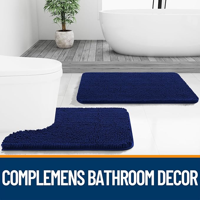 OLANLY Toilet Rugs U-Shaped 20x20, Extra Soft Absorbent Chenille Contour Bathroom Rugs for Toilet, Dry Quickly, Machine Washable, Non-Slip Bath Mat, Navy