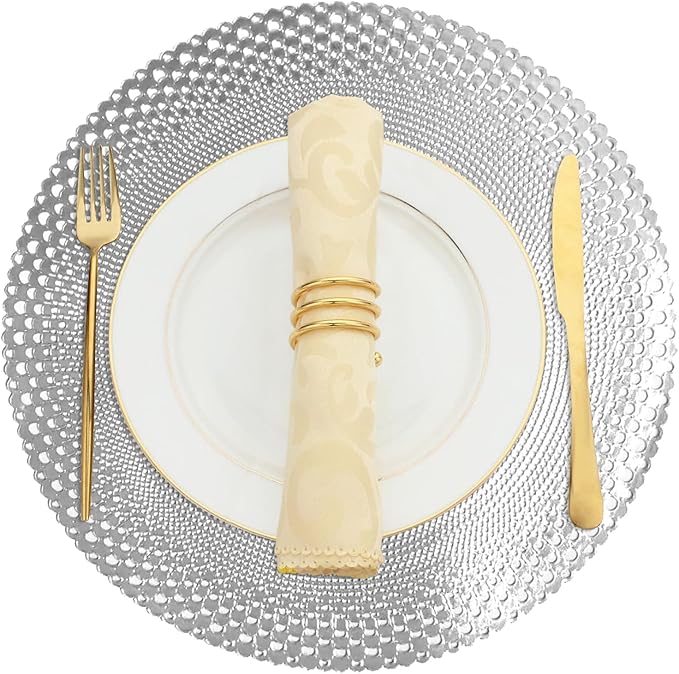 Vinyl Round Placemats Set of 4 - Non Slip Place Mats Ideal for Indoor and Outdoor Dining Table - Washable and Heat Resistant Table Mat for Kitchen Tables (Vincent Silver)