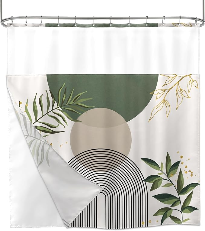 Sage Green Boho Shower Curtain with Snap in Liner Modern Mid Century Abstract Minimalist Gold Leaves Plant Sun Geometric Arch 72Wx72H Bathroom Decor Bath Curtain Fabric Polyester 12 Pack Hooks