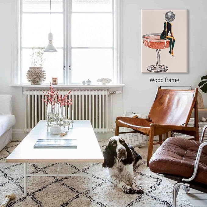 Funky Disco Ball Girly Head Poster 70s Retro Cocktail Canvas Wall Art 24x36 inch Framed Trendy Vintage Beige Prints Painting for Family Bar Wall Decor