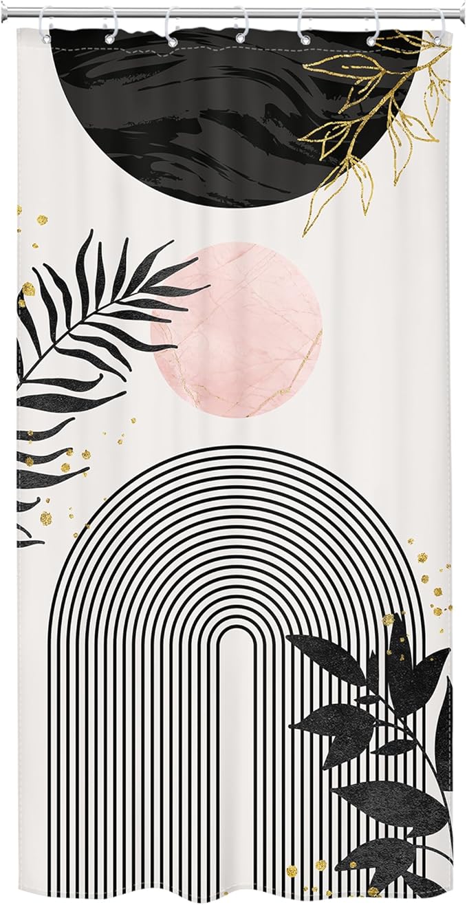 Small Stall Boho Shower Curtain 36Wx72H RV Modern Bohemian Abstract Leaves Mid Century Plant Half Narrow Bathroom Decor Minimalist Geometric Neutral Bath Curtain Fabric Polyester 7 Pack Hooks