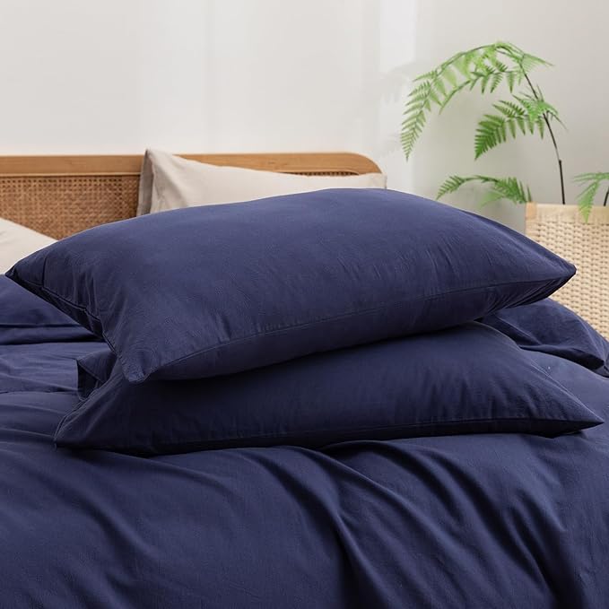 BESTOUCH Duvet Cover Set 100% Washed Cotton Linen Feel Super Soft Comfortable Chic Lightweight 2 PCs Home Bedding Set Solid Navy Blue Twin/Twin XL