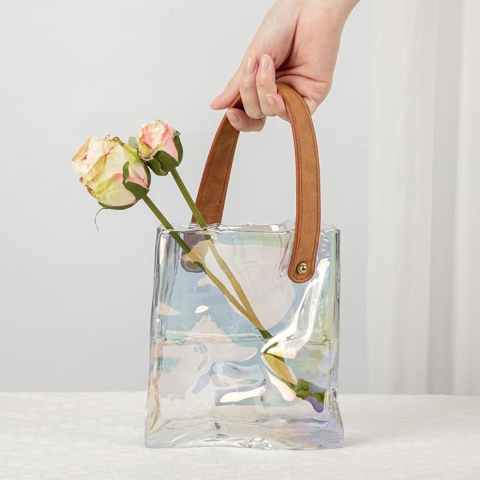 Glass Purse Vase for Flowers Iridescent Vases for Centerpieces Glass Bag Vase with Leather Handle Small Handbag Vases for Decor Decorative Fish Bowl for Home Wedding Decor