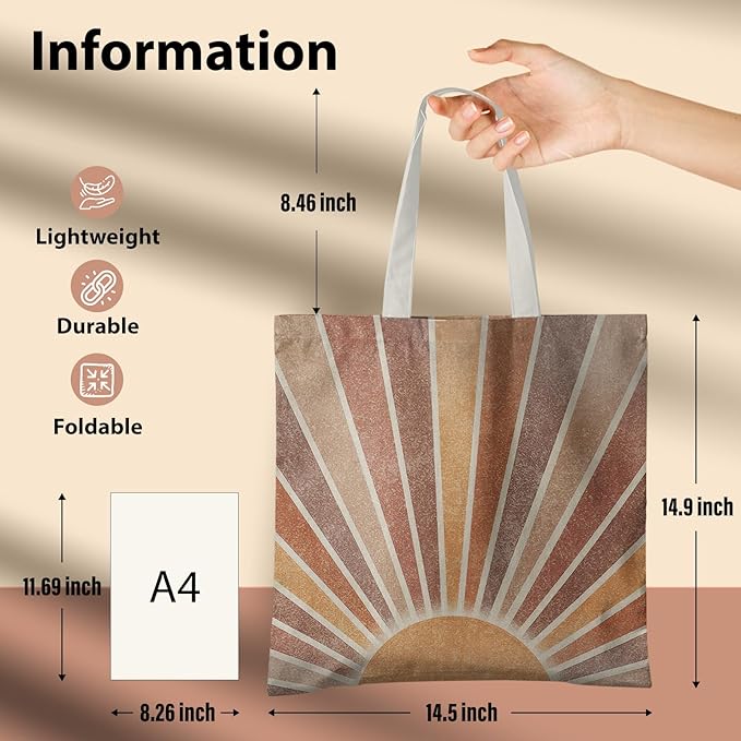 Boho Tote Bag Aesthetic, Minimalist Abstract Boho Terracotta Sun Sunshine Canvas Tote Bag for Women
