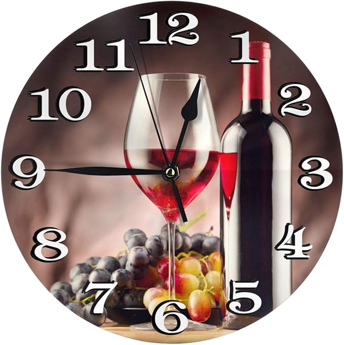 Red Wine with Ripe Grapes Wall Clock Battery Operated Silent Round Clock Wall Decor for Home, Office, School 9.8 Inch
