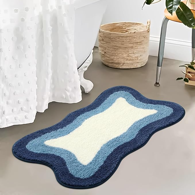 HAOCOO Bathroom Rugs 18x25 inch, Extra Soft Non Slip Blue Irregular Shape Bath Rugs, Microfiber Absorbent Washable Small Rug Bath Mats for Bathroom Floor Door Mat Tub Shower