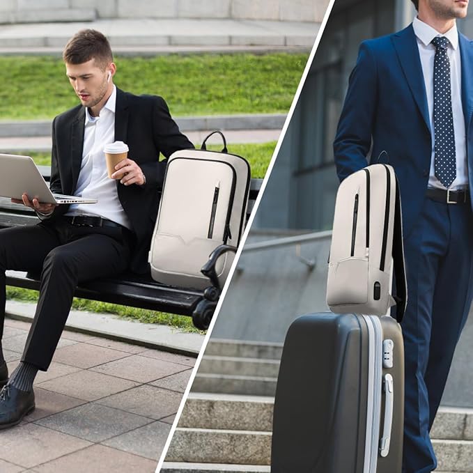 hk Backpack for Men Business Slim Backpack with USB Charger Computer Lightweight Anti-theft Travel (White, 15.6 Inch)