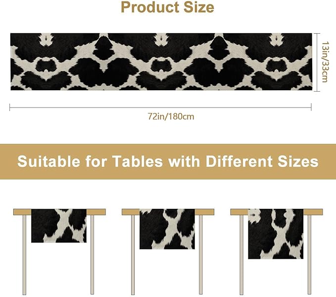 Cow Print Black Table Runner Kitchen Dining Linen Table Decoration for Indoor Outdoor Home Party Dinner 13x72 Inch