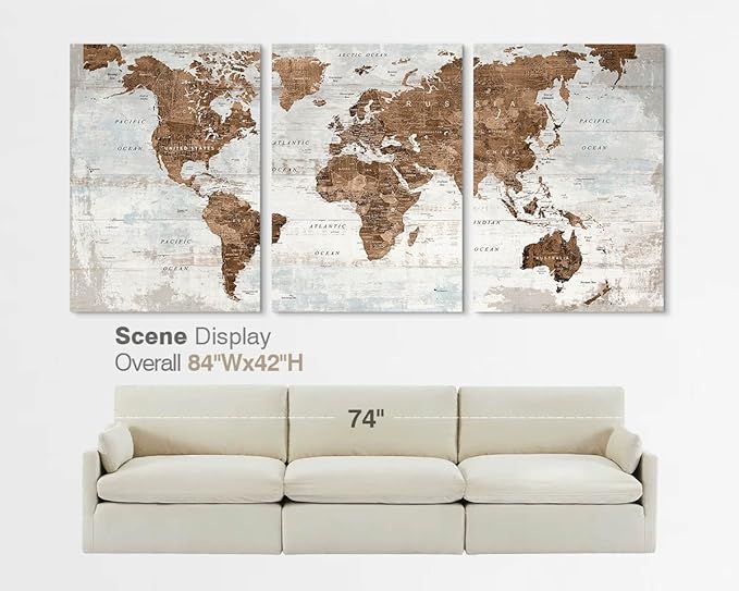 Office Wall Art Canvas World Map Motivational Wall Decor Living Room Vintage Pictures for Dining Room Home Man Global Artwork 60" X 28"