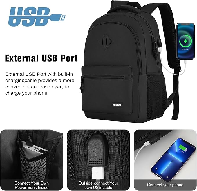 Black Backpack for Men and Women, School Backpack Teens Boys and Girls 17.3 Inch Laptop Bookbag with USB Charger for High School College Work Travel Business