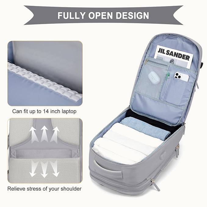 coowoz Large Travel Backpack For Women Men, Carry On Backpack,Hiking Backpack Waterproof Outdoor Sports Rucksack Casual Daypack Expandable Heavy Duty Extra large Backpack Grey Expansion