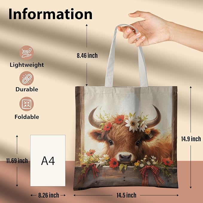 Western Highland Cow Canvas Tote Bag - Highland Cow Lover Gifts,Canvas Shoulder Bag for Women for Girls