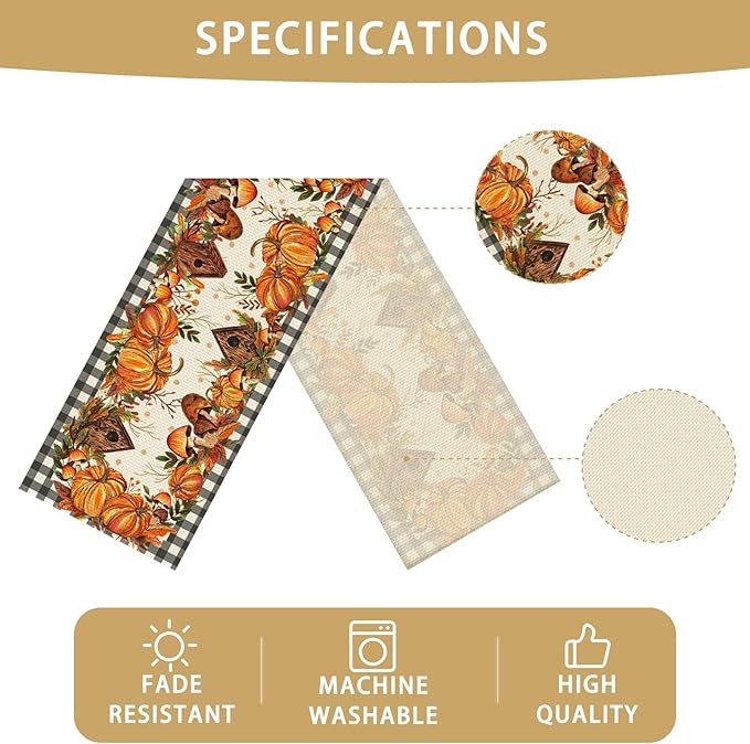 Pumpkin Burlap Table Runner Seasonal Spring Fall Kitchen Dining Linen Table Decoration for Indoor Outdoor Home Party Dinner 13x72 Inch