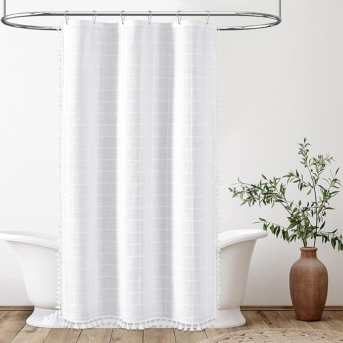 BTTN Boho Stall Shower Curtain - 36x72 Narrow Linen Ultra Thick Tassel Fabric Shower Curtain Set with 6 Plastic Hooks, Half Camper Modern Farmhouse French Country Shower Curtains for Bathroom - White