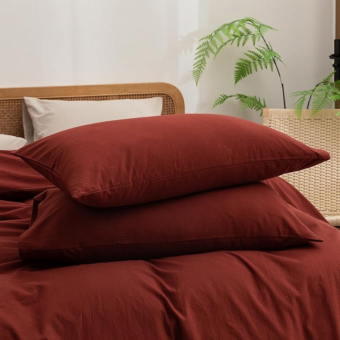 BESTOUCH Duvet Cover Set 100% Washed Cotton Linen Feel Super Soft Comfortable Chic Lightweight 3 PCs Home Bedding Set Solid Fired Brick Red Oversized Full