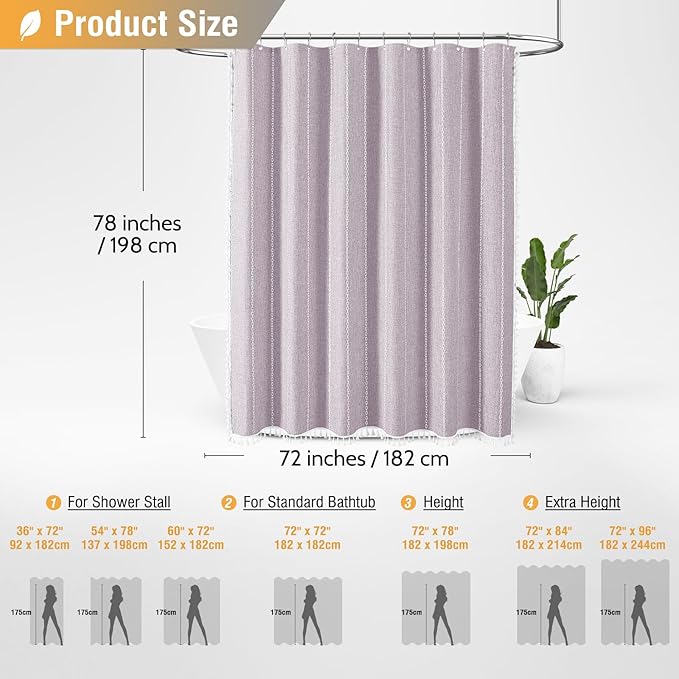 BTTN 78 Inch Long Shower Curtain - Boho Farmhouse Linen Thick Striped Fabric Shower Curtain Set with Plastic Hook, Tall Rustic Country Luxury Cloth Shower Curtains for Bathroom - Lavender - 72x78
