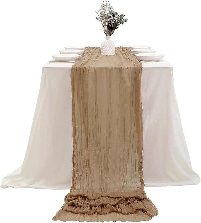 DOLOPL Brown Table Runner 10ft Boho Cheese Cloth Table Runner for Baby Shower Decorations 120inch Long for Winter Wedding Shower Wedding Bridal Birthday Party Table Decorations