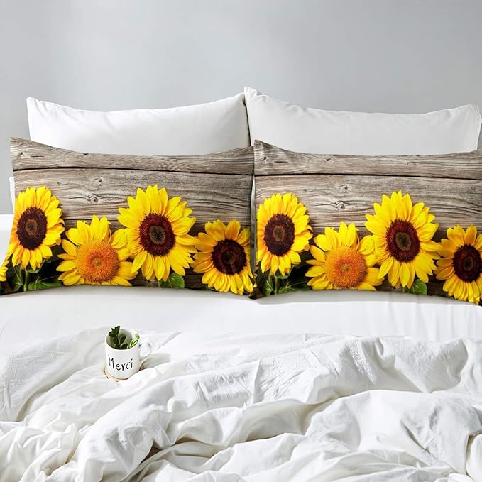 Sunflower Duvet Cover Botanical Floral Printed Bedding Set for Kids Women Adults Yellow Blossom Flowers Comforter Cover Wooden Scenes Bedspread Cover Bedroom Collection 3Pcs Full Size…
