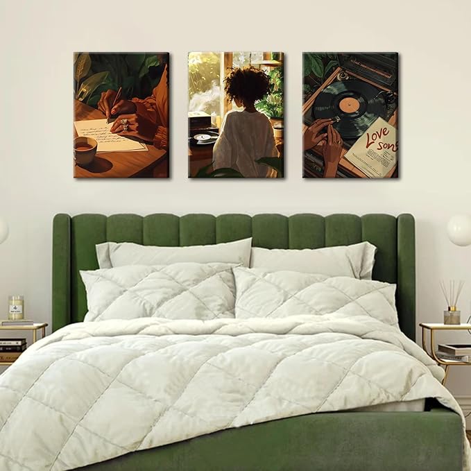 Black Woman Wall Art Set of 3 Fashion Black Girl Wall Decor, Trendy African American Women Music Poster Song Lover Canvas Prints Artwork for Bedroom Living Room 12x16 inch Framed