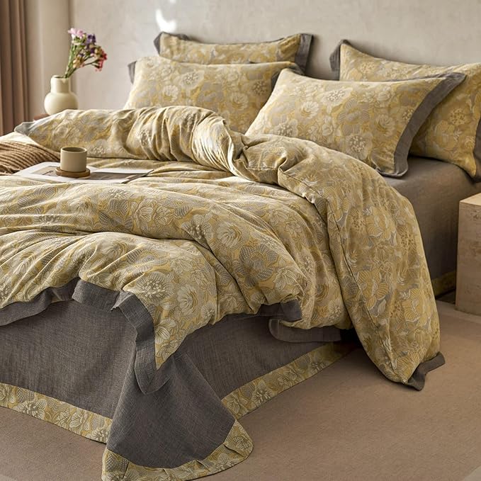 mixinni Duvet Cover King, Premium Cotton Double-Layer Yarn Golden Floral Jacquard Reversible Grey Comforter Cover with Edge Design, Farmhouse Bedding Set with 2 Pillowcases Perfect for Him and Her