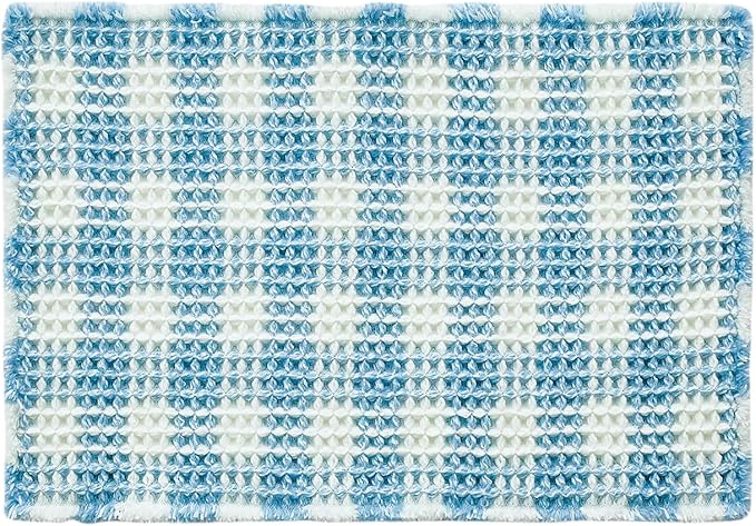 Waffle Bath Mat, Boho Bathroom Rugs Non Slip Washable Absorbent Checkered Bathroom Mat Quick Dry Cute Bath Mat, 30"x20" Blue and White