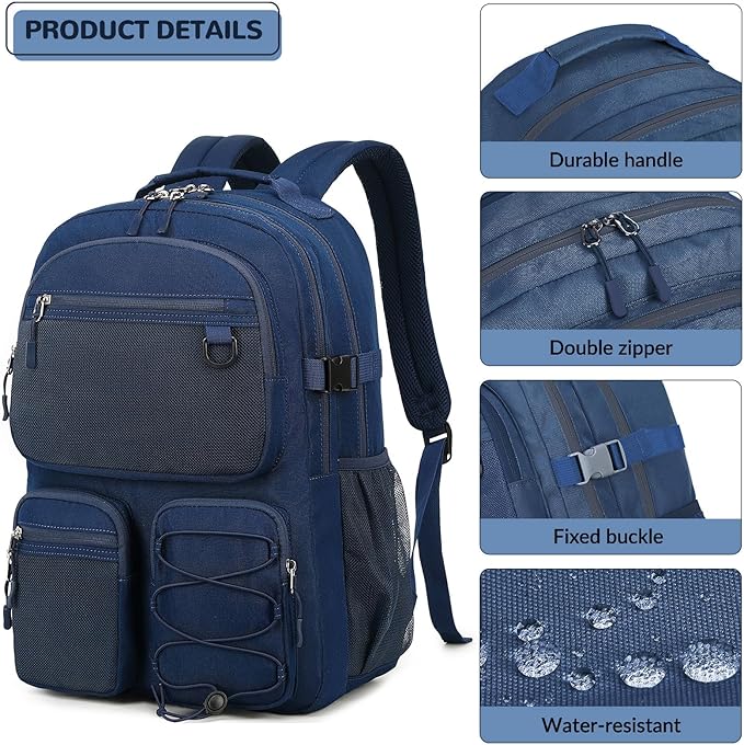 Lohol Water Resistant Daypack with Mulitiple Pockets for School Travel Outdoor College, 15.6 inch Laptop Backpack for Men and Women (Navy Blue)