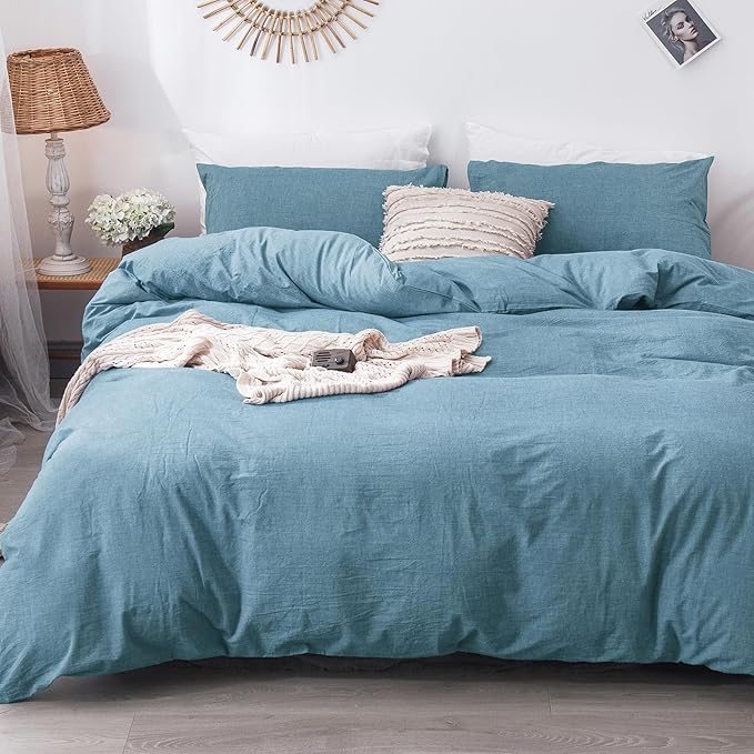MooMee Bedding Duvet Cover Set 100% Washed Cotton Linen Like Textured Breathable Durable Soft Comfy (Heathered Peacock Blue, Palatial King/Oversized King 120"x98")