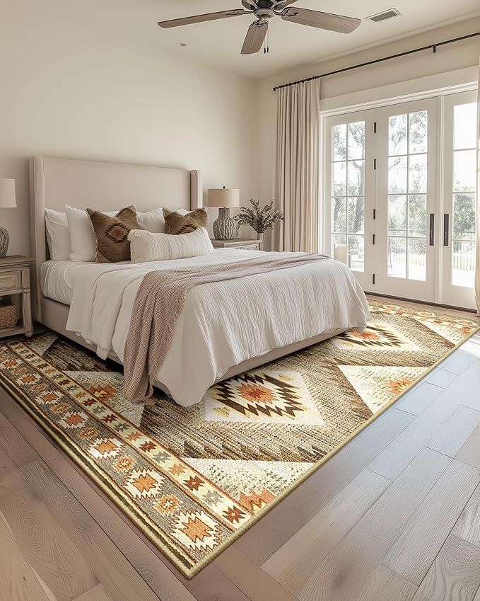 Area Rug 9x12 Rug Machine Washable Non-Slip Low Pile Print Pattern Western Rug for Living Room Bedroom Entryway Tribal Series -Cream/Camel