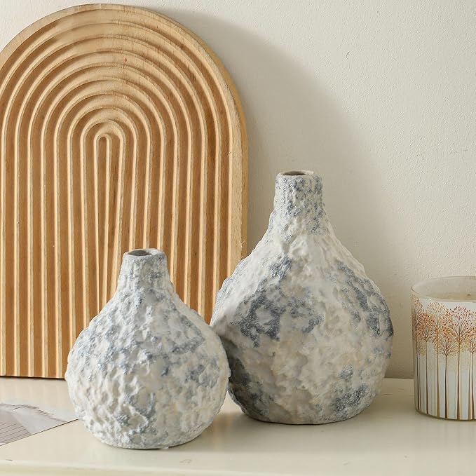 Stone Vases Set of 2, Ceramic Bud Vase Minimalist Vases for Pampas Grass,Modern Vase for Wabi Sabi Home Decor, Shelf Decoration,Fireplace Decor,Coffee Table Decor