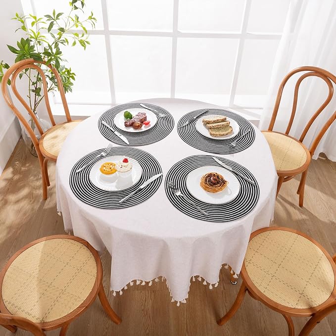 SHACOS 15 inch Round Braided Placemats Set of 6 Non Slip Washable Fabric Kitchen Table Place Mats Heat Resistant Table Mats for Home Wedding Party, Black White