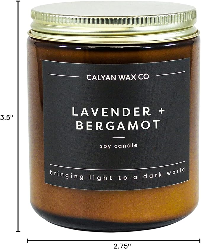 Calyan Wax Co. Soy Wax Candle, Lavender + Bergamot Scented Candle, 57 Hour Burn Time, Aromatherapy Soy Candles, Non Toxic & Vegan Soy Wax, Amber Glass Jar Scented Candles, 7.2oz