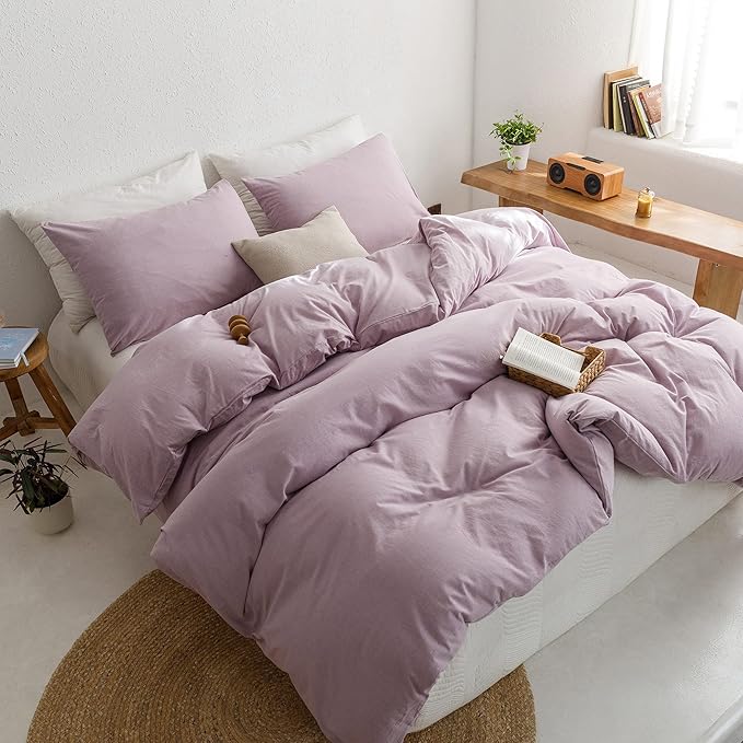ECOCOTT Light Purple Duvet Cover King Size - 100% Washed Cotton Durable Soft Comfy Duvet Cover Set, 3 Pieces Duvet Cover with Zipper Closure (Light Purple, 104''x90'')