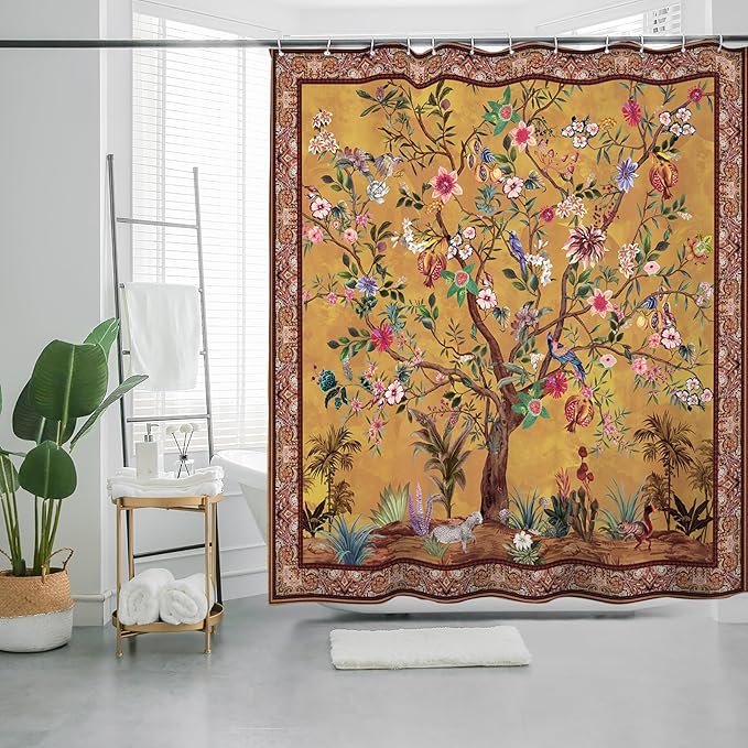 Bohemian Bathroom Curtain Colorful Boho Floral Print Beautiful Bright Polyester Fabric Cloth Shower Curtain for Bathroom Decoration, 72"x72"