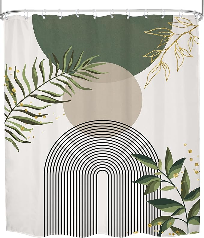 Green Boho Shower Curtain Extra Long Modern Abstract Bohemian Green Gold Minimalist Leaves Mid Century Arch Bathroom Decor Geometric Plant 72Wx84H Bath Curtain Fabric Polyester 12 Pack Hooks