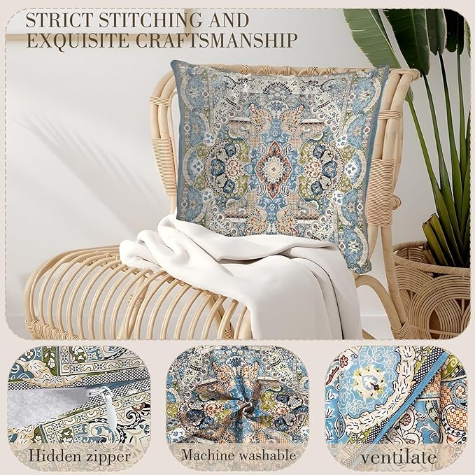 Boho Floral Throw Pillow Covers 16x16 inch Set of 2,Blue Boho Rug Geometric Floral Pattern Decor Double Sided Pattern Cushion Cover Soft Pillow Case Living Sofa Room Bed Square Pillow Cover