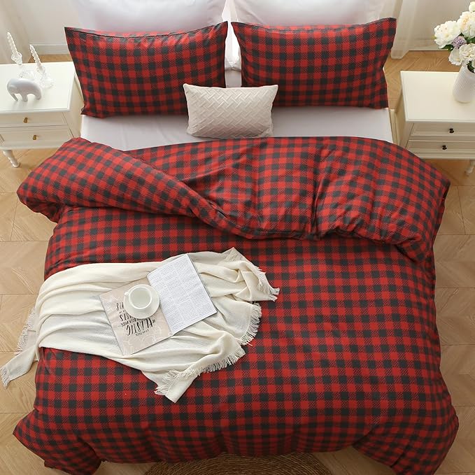 MUXHOMO Duvet Cover Full Size Floral Duvet Cover Set with Zipper Closure, Red Plaid Bedding Set, 3 Pieces, 1 Duvet Cover 80"x90" with 4 Corner Ties and 2 Pillowcases 20"x26"