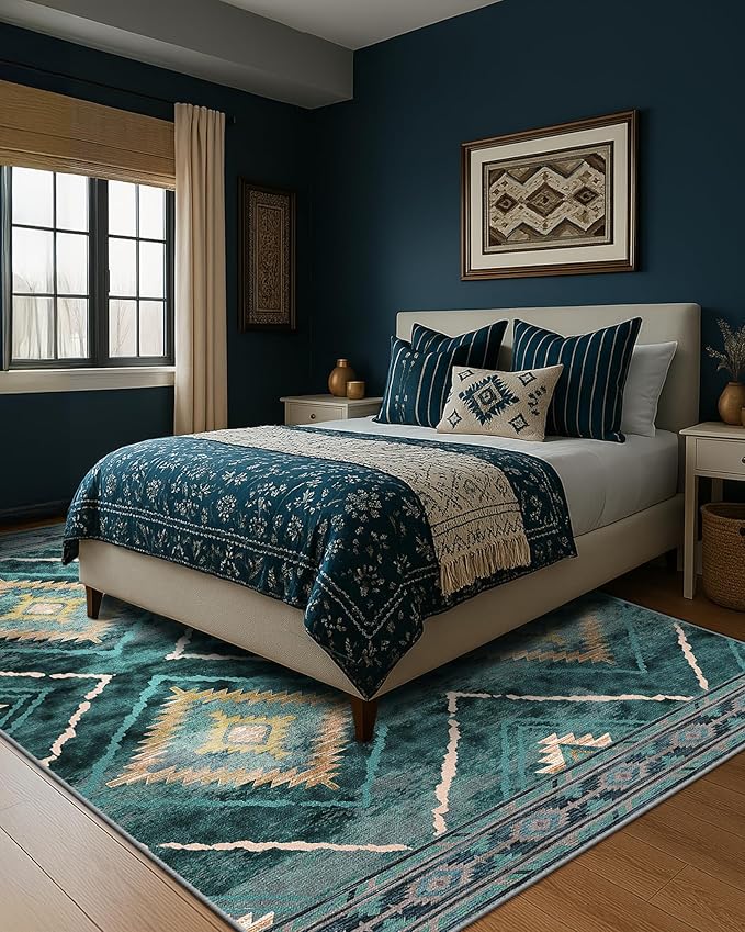 Area Rug 5x7 Rug Machine Washable Non-Slip Low Pile Print Pattern Western Rug for Living Room Bedroom Entryway Tribal Series -Teal/Green