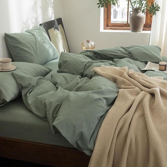 FOSSA Duvet Cover Set 100% Washed Cotton Linen Feel Super Soft Breathable Cozy Simple Style 3 Pieces Bedding Sets Solid Heathered Green Twin