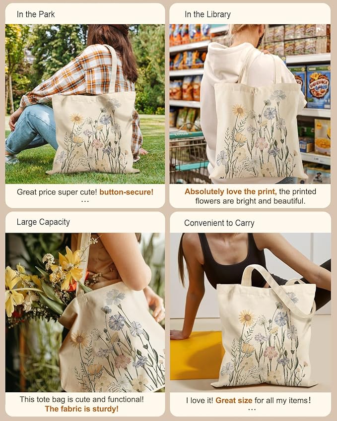 Aesthetic Tote Bag for Girls - with Magnetic Buckle and Zipper Inner Pocket for Women Lady Canvas Cotton Tote Bag