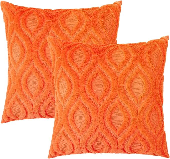 decorUhome Fall Throw Pillow Covers 16x16 Inch Set of 2, Soft Plush Decorative Faux Fur Orange Solid Couch Pillow Covers, Accent Farmhouse Neutral Square Euro Pillow Cases for Sofa Bed Living Room