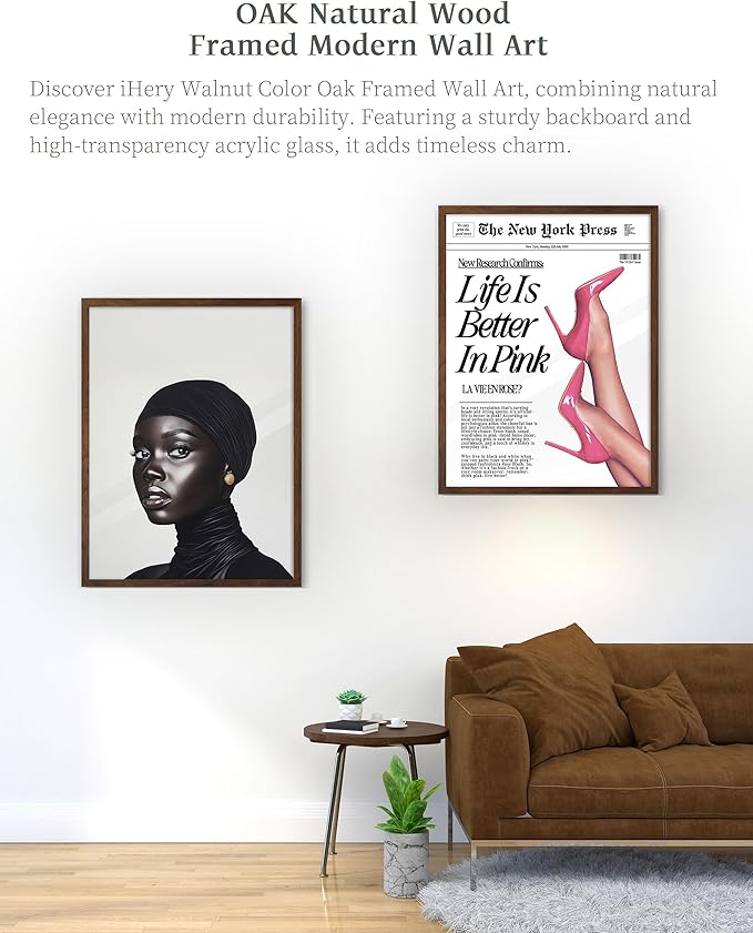 iHery Natural OAK Wood Fashion Black Girl Walnut Color Framed Wall Art, 12x16 in Black and White Modern Hijabi Canvas Wall Decor, Trendy Afro Art For Bedroom Bathroom Living Room 1Pack