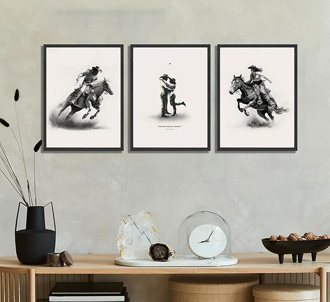 3 Pcs Western Cowboy Wall Canvas Art Simple Romantic Cowboy Couple Posters prints Paintings Western Eclectic Wall Decor Pictures for Living room and bedroom home Decor Unframed