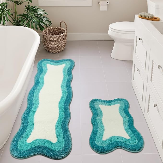 HAOCOO Aqua Blue Gradient Scalloped Runner Rug, 24x59 Inch Irregular Shape Bath Rug,Washable Absorbent Bathroom Runner Rug for Bedroom Bathtub Sink Shower