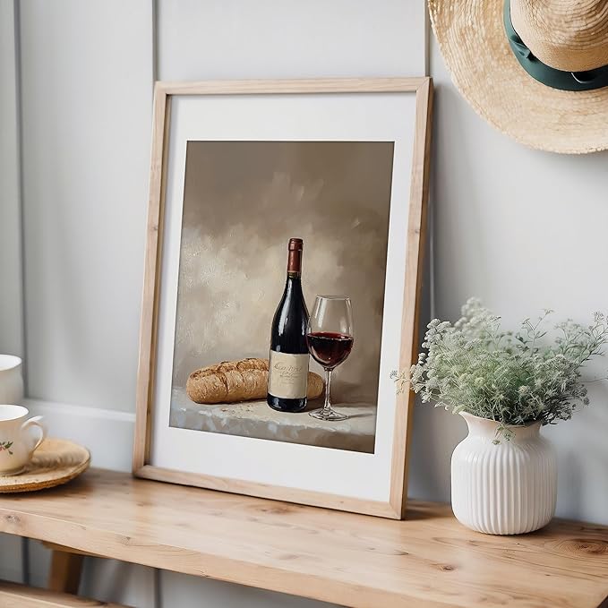 Wine & Bread Still Life Art Print - 8x10 | Vintage Wall Art for Kitchen Decor | Dining Room Wall Pictures for Farmhouse | Rustic Wall Pictures for Living Room