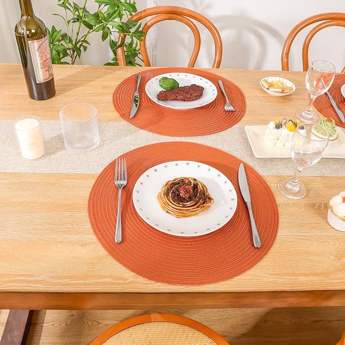 SHACOS Round Placemats Set of 6 Polyester 15 inch Round Braided Place Mats Washable Non Slip Kitchen Dining Table Mats Autumn Fall Placemats Decor, Bright Orange
