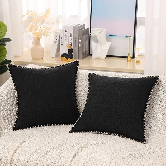 decorUhome Decorative Outdoor Throw Pillow Covers 26x26 Set of 2, Square Linen Rustic Neutral Farmhouse Euro Pillow Covers with Stitched Edge for Couch, Sofa, Living Room, Black